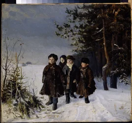 Regresso da escola - Pintura de Gavriil Fyodorovich Rybakov (1859-?), óleo sobre tela