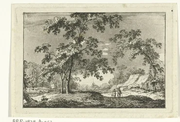 Paisagem arborizada com dois caminhantes