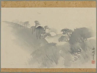 Paisagem com colina, árvores e nascer da lua, período Edo, 1747-1868.