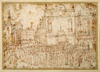 Uma procissão veneziana passando de uma scuola para uma igreja de apoio (caneta e tinta sobre giz sobre papel)
