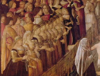 O Milagre da Cruz na Ponte de São Lourenço, detalhe de um grupo de damas de Catherine Cornaro à espera e uma parte da multidão, 1500 (pintura a óleo)