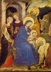 Um dos Reis Magos ajoelha-se diante do Menino Jesus, com a coroa do rei no chão (têmpera sobre madeira)