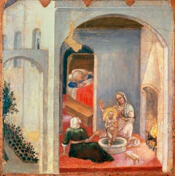 O nascimento de São Nicolau, painel de predella de Quaratesi Polyptych de Gentile da Fabriano (1370-ca 1427), tempera no painel, 355 x 36 cm