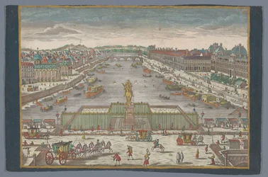 Vista da Pont Neuf sobre o rio Sena em Paris, olhando para a Pont Royal Gesicht der Neuen Bruck, gegen der Königl. Bruck zu Paris