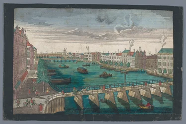 Vista do Binnen-Amstel entre o Blauwbrug e o Hogesluis em Amesterdão
Die Amstel von innen nach der blauen Brücke gegen der Wasser Schleuße zu Amsterdam (título sobre o objecto)