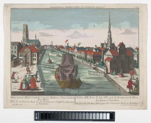 Vista do Wester Oude Hoofddpoort e do Ooster Oude Hoofdpoort em Roterdão
Prospect der Ost Maas Port, gegen der S.Lorenzen Kirch zu Roterdam (título sobre o objecto)
Roterdão (título da série)