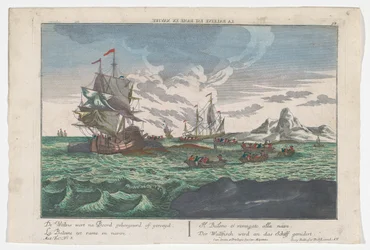 Vista do remo das baleias para os navios Der Wallfisch wird an das Schiff gerudert (título no objeto) Baleando na Groenlândia (título da série)