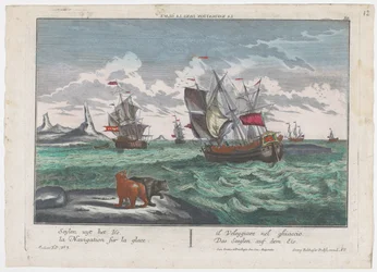 Vista dos navios navegando no mar de gelo Das Seeglen auf dem Eis (título no objeto) Baleando na Groenlândia (título da série)