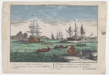 Vista da pesquisa de baleias
Das Seeglen ins Eiß, und Suchen des Wallfisches (título sobre o objecto)
Baleeira ao largo da Gronelândia (título da série)