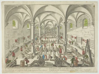 Per telecopium exhibitio partis inferioris armamentarii, Representação em perspectiva de la partie inferieure d&39;un arsenal, c.1750 (gravura colorida à mão)