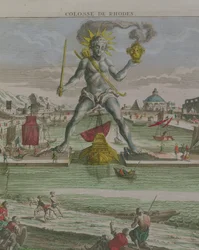 O colosso de Rodes, detalhe da estátua abrangendo a entrada para o detalhe de gravura do porto de 87200