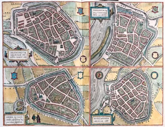 Arnhem, Geltre, Venlo, Roermond - Países Baixos - em "Civitates Orbis Terrarum" de Georg Braun, Colónia 1617