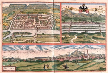 Heilbronn, Mulhouse - Reutlingen, Alemanha - em "Civitates Orbis Terrarum" de Georg Braun, Colónia 1617