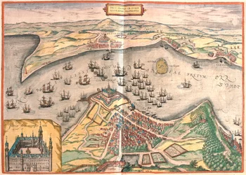 Helsingor, dinamarquês - Helsingborg, sueco - em "Civitates Orbis Terrarum" de Georg Braun, Colónia 1617