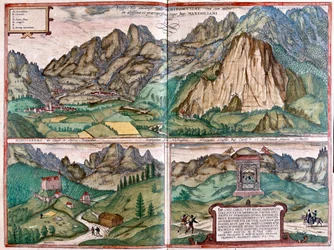 Vale do Inn - Schlosberg - A gruta do Imperador Maximiliano I - Áustria - em "Civitates Orbis Terrarum" de Georg Braun, Colónia 1617
