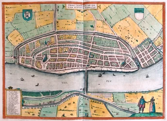 Kampen e o rio Ysel, Países Baixos - em "Civitates Orbis Terrarum" de Georg Braun, Colónia 1617