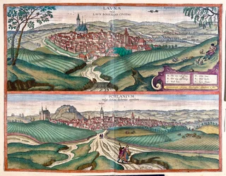 Louny (Boémia) - Slany, República Checa - em "Civitates Orbis Terrarum" de Georg Braun, Colónia 1617