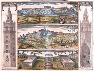 Seviglia - Gerena (a Giralda de Sevilha) - 5 vistas de San Juan no Guadalquivir, 3 túmulos romanos e torre ao lado, em "Civitates Orbis Terrarum" de Georg Braun, Colónia 1617