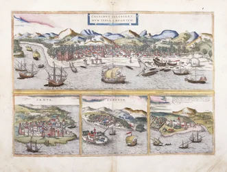 Vista de Calcutá, Índia, e abaixo de vistas menores de Ormuz na entrada do Golfo Pérsico, Canonor na Índia e a fortaleza portuguesa de El Mina na África Ocidental, 1572