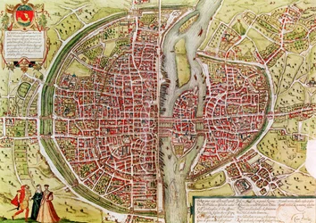 Mapa de Paris de &39;Civitates orbis terrarrum&39; por Georg Braun (1541-1622) e Franz Hogenbergh (1540-92), francês, 1572-1617