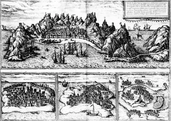 Vistas de Aden, Mombaza, Quiloa e Cefala, do "Civitates orbis terrarum" de Georg Braun, publicado em 1572