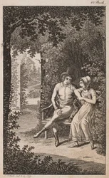 Ilustração com um casal em um banco em um jardim