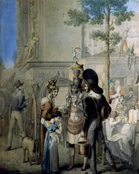 Comerciante de coco Porte Saint Denis em Paris. Velha loja comercial que vende copos de coco nas ruas de Paris. Desenho do alemão George Emanuel Opitz (1775-1841), Paris. Museu Carnavalet