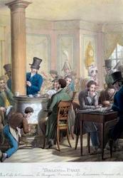 Mesa de Paris: vista do café do comércio: burgueses a falar, a jogar dominó. Litografia de George Emanuel Opitz (1775-1841) Século XIX. Paris, Musee Carnavalet
