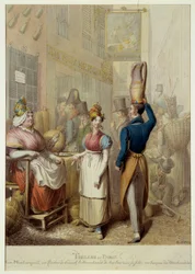 Tableau de Paris: rue de la rue Montorgueil e café restaurante "Le Rocher de Cancale" em Paris. Comerciantes de rua e transeuntes. Litografia do alemão George Emanuel Opitz (1775-1841)