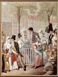 O terraço do Café de la Rotonde em Paris, em 1814. Litografia de George Emanuel Opitz (1775-1841). Paris, Musee Carnavalet