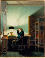 Homem a ler à luz de um candeeiro (pintura sobre tela)