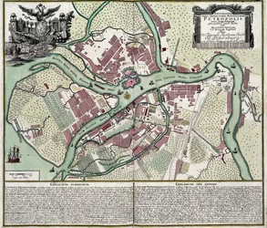 Carte de Saint Petersbourg (Russie) - Oeuvre de Matthaeus Seutter (1678-1757), gravure et aquarelle