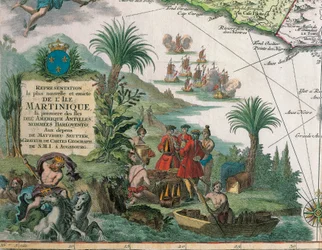 Mapa da Martinica criado por Matthieu Seutter, detalhes: Comerciantes e índios americanos nativos