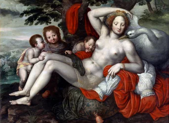 "Leda et le cygne" - Leda and the Swan par Pencz, Georg (Jorg) (1500/02-1550), Mid of 16th cen. - Oil on wood, 92x126 - Museo del Prado, Madrid