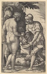 Tômiris, nua por trás, colocando a cabeça de Ciro em um saco carregado por um soldado..., ca. 1539.