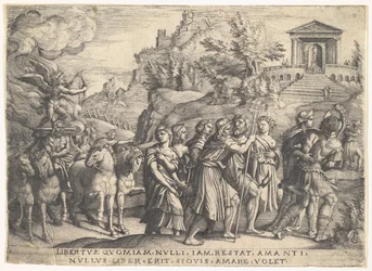 Triunfo do Amor: quatro cavalos puxam uma carruagem com Cupido de pé sobre uma platina fumegante ..., ca. 1539