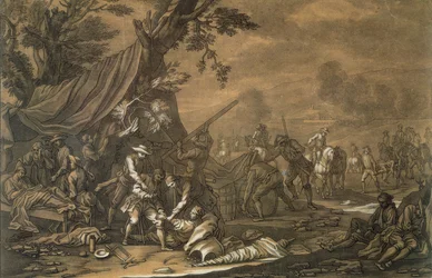 Cirurgião militar do campo de batalha durante a Guerra Espanhola de Sucessão, 1707, gravada por Christian Rugendas (1708-81), c.1740