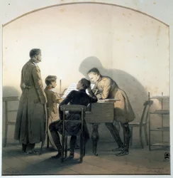 Ao piano. Soldados russos a tocar piano durante a Guerra da Crimeia. Pintura de George Wilhelm Timm (1820-1895)