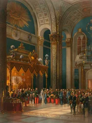 Homenagem dos oficiais cossacos na Sala do Trono, coroação do czar Alexandre II, Moscovo, 1856.