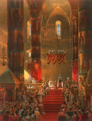 O metropolita genuflete na cerimónia de coroação do czar Alexandre II, Moscovo, 1856.