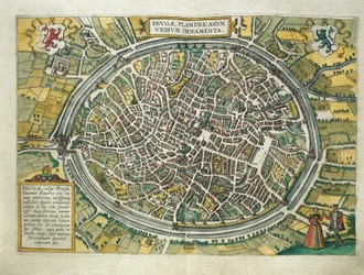 Bélgica, mapa de Bruges de Civitates Orbis Terrarum de Georg Braun (1541-1622) e Franz Hogenberg (1540-1590), Colónia, gravura