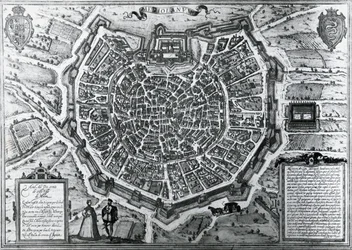 Mapa da cidade de Milão, em 1572, por Antonio Lafreri (1512-1577), publicado por Georg Braun e Franz Hogenberg, Itália