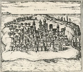 Cidade de Mombaça no Quênia, gravura do Civitates Orbis Terrarum