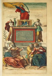Frontispício do volume IV representando figuras alegóricas do Civitates Orbis Terrarum de Georg Braun