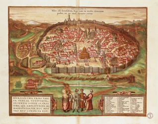 Israel e Palestina, Cidade de Jerusalém, de Georg Braun e Franz Hogenberg, do Civitates Orbis Terrarum, gravura a cores