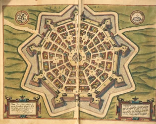 Itália, Palmanova, mapa, gravura de Civitates Orbis Terrarum de Georg Braun e Franz Hogenberg, ativos em Colônia
