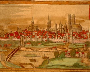 Mapa da Cidade de Munique de Civitates Orbis Terrarum por Georg Braun