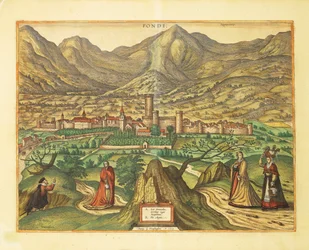 Mapa de Fondi, região do Lazio de Civitates Orbis Terrarum por Georg Braun