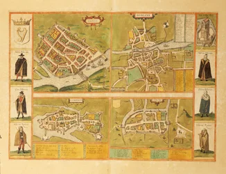 Mapa de Galway, Dublin, Limerick e Cork de Civitates Orbis Terrarum por Georg Braun