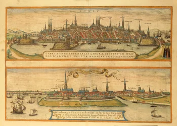 Mapa de Lubeck e Hamburgo de Civitates Orbis Terrarum por Georg Braun